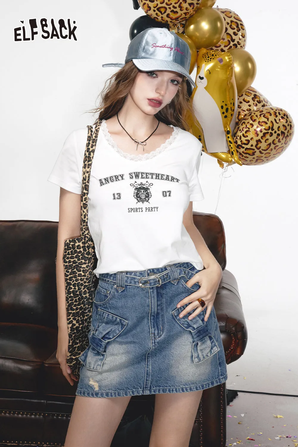 2024 Summer ELFSACK New Arrivals White letter print lace round neck stitching sweet versatile unique short-sleeved T-shirt for women