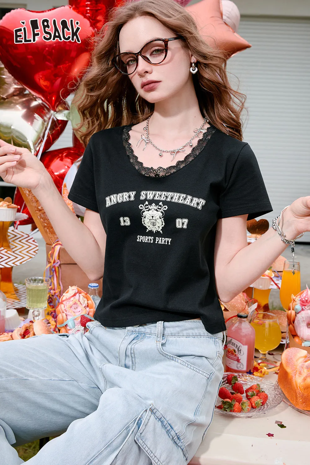 2024 Summer ELFSACK New Arrivals White letter print lace round neck stitching sweet versatile unique short-sleeved T-shirt for women