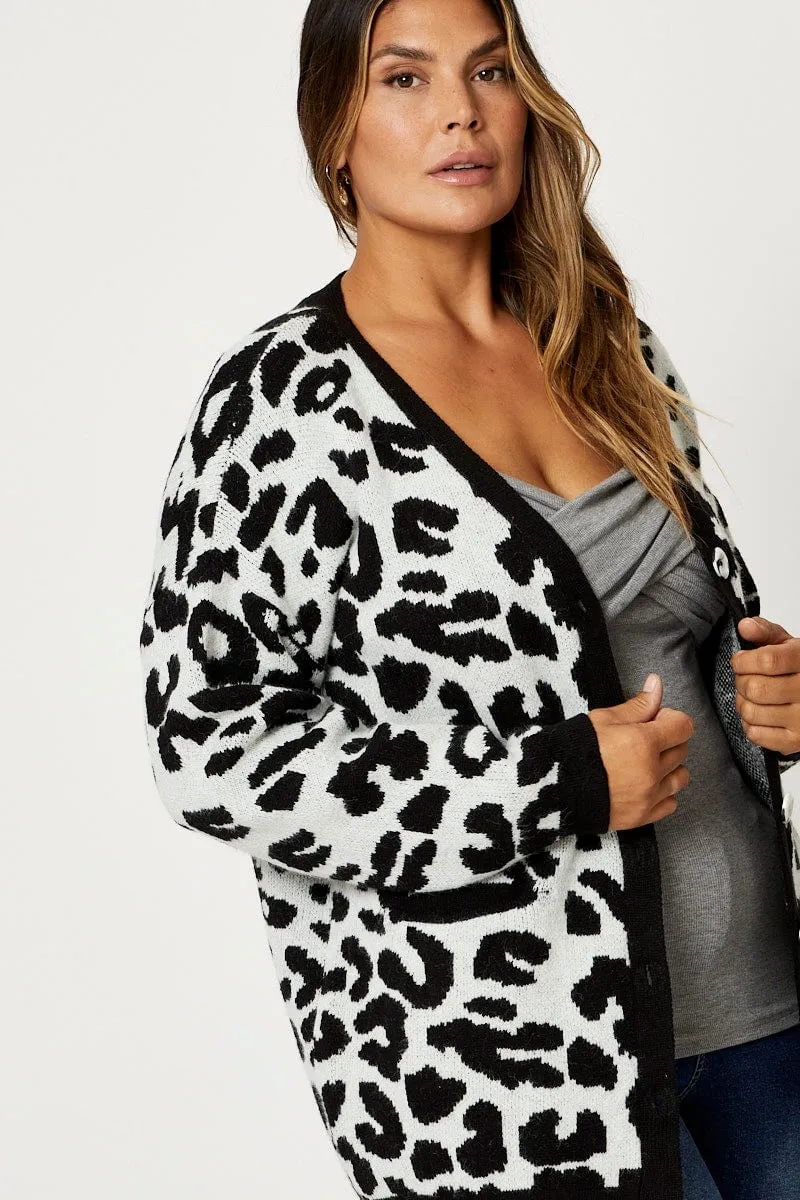 Animal Print Knit Cardigan Long Sleeve Longline