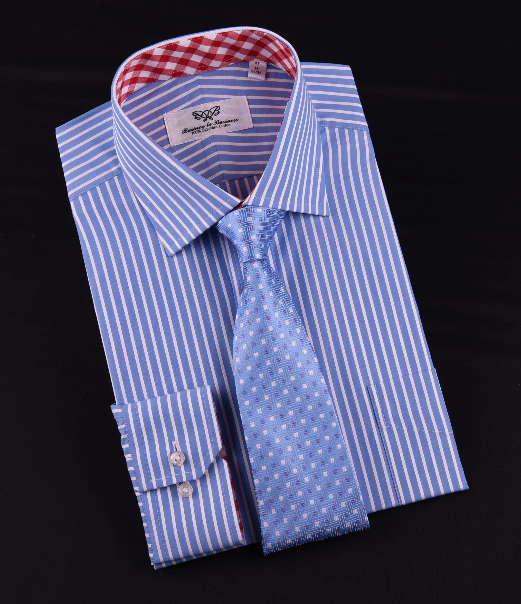 Blue Striped Formal Business Dress Shirt with Contrast Red Gingham Check Plaid Designer Inner-Lining in Single Button Cuffs