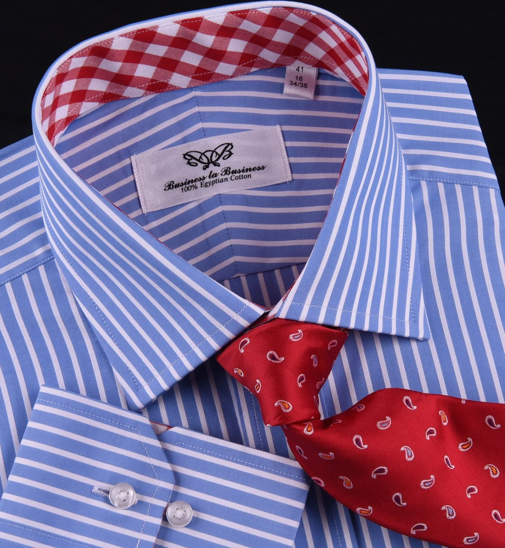 Blue Striped Formal Business Dress Shirt with Contrast Red Gingham Check Plaid Designer Inner-Lining in Single Button Cuffs