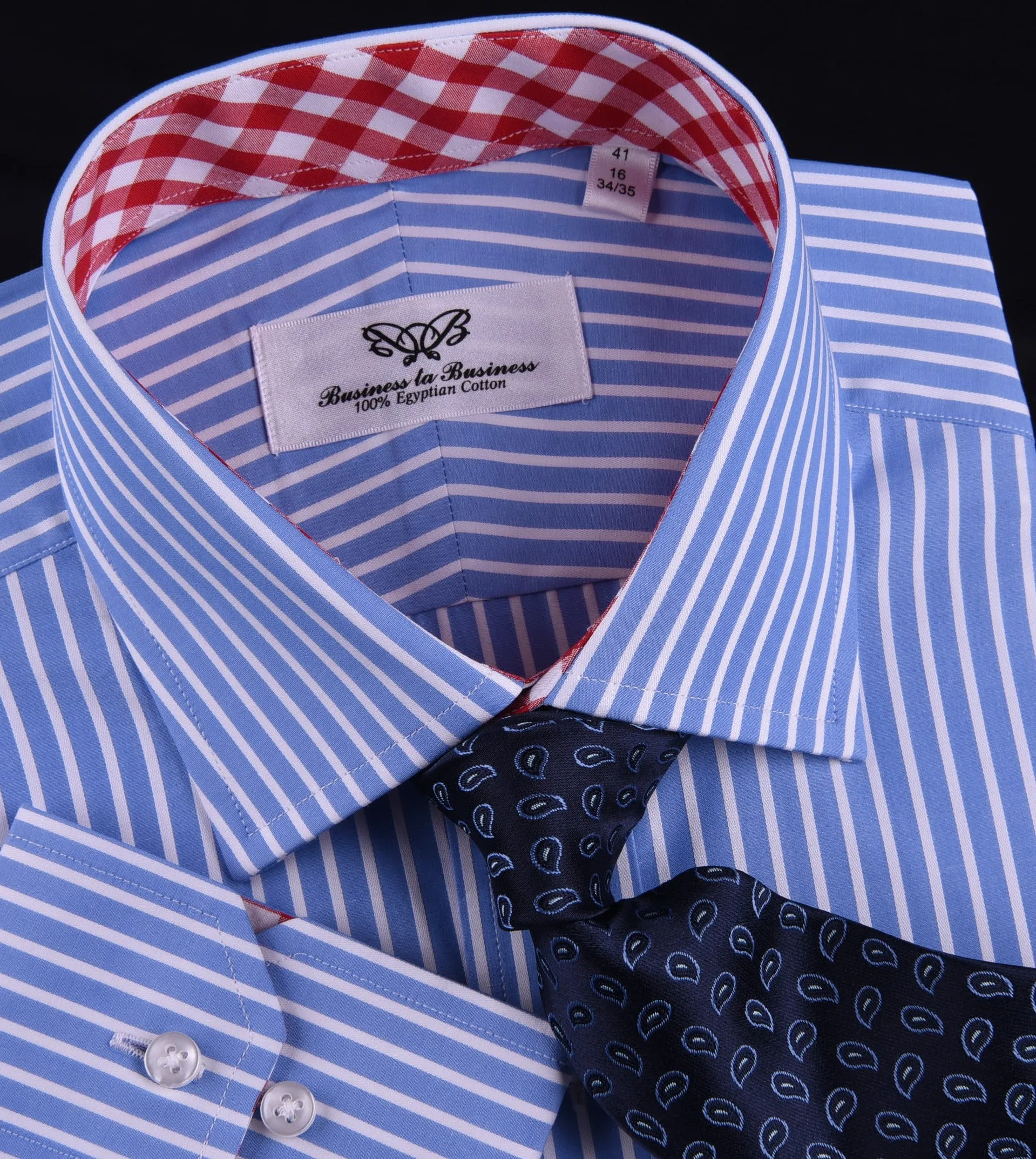 Blue Striped Formal Business Dress Shirt with Contrast Red Gingham Check Plaid Designer Inner-Lining in Single Button Cuffs