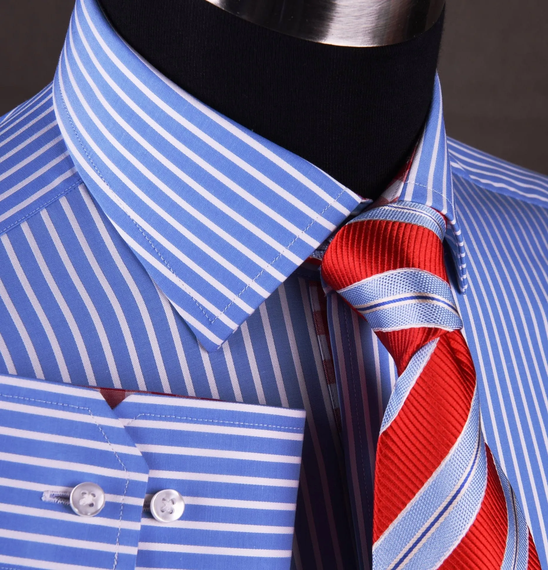 Blue Striped Formal Business Dress Shirt with Contrast Red Gingham Check Plaid Designer Inner-Lining in Single Button Cuffs