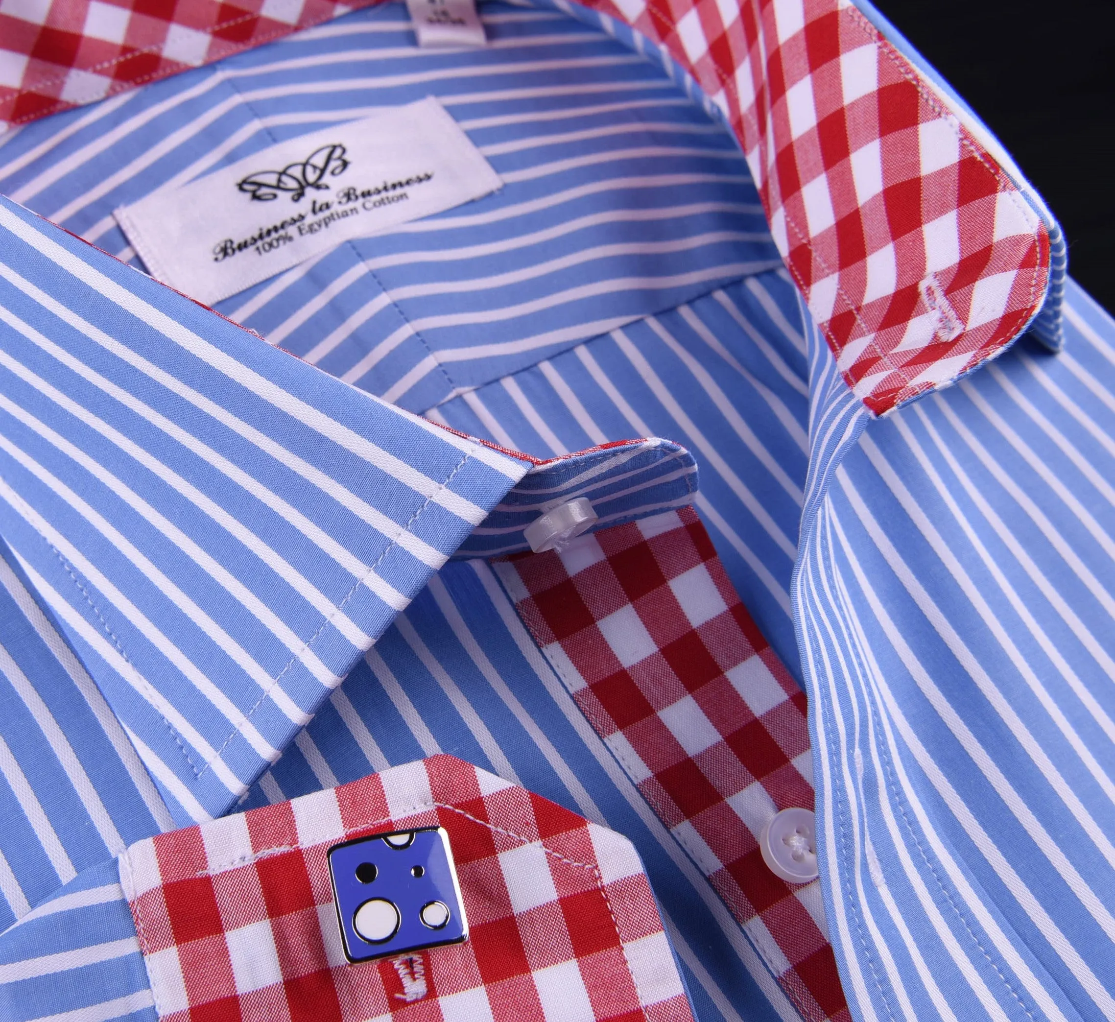 Blue Striped Formal Business Dress Shirt with Contrast Red Gingham Check Plaid Designer Inner-Lining in Single Button Cuffs