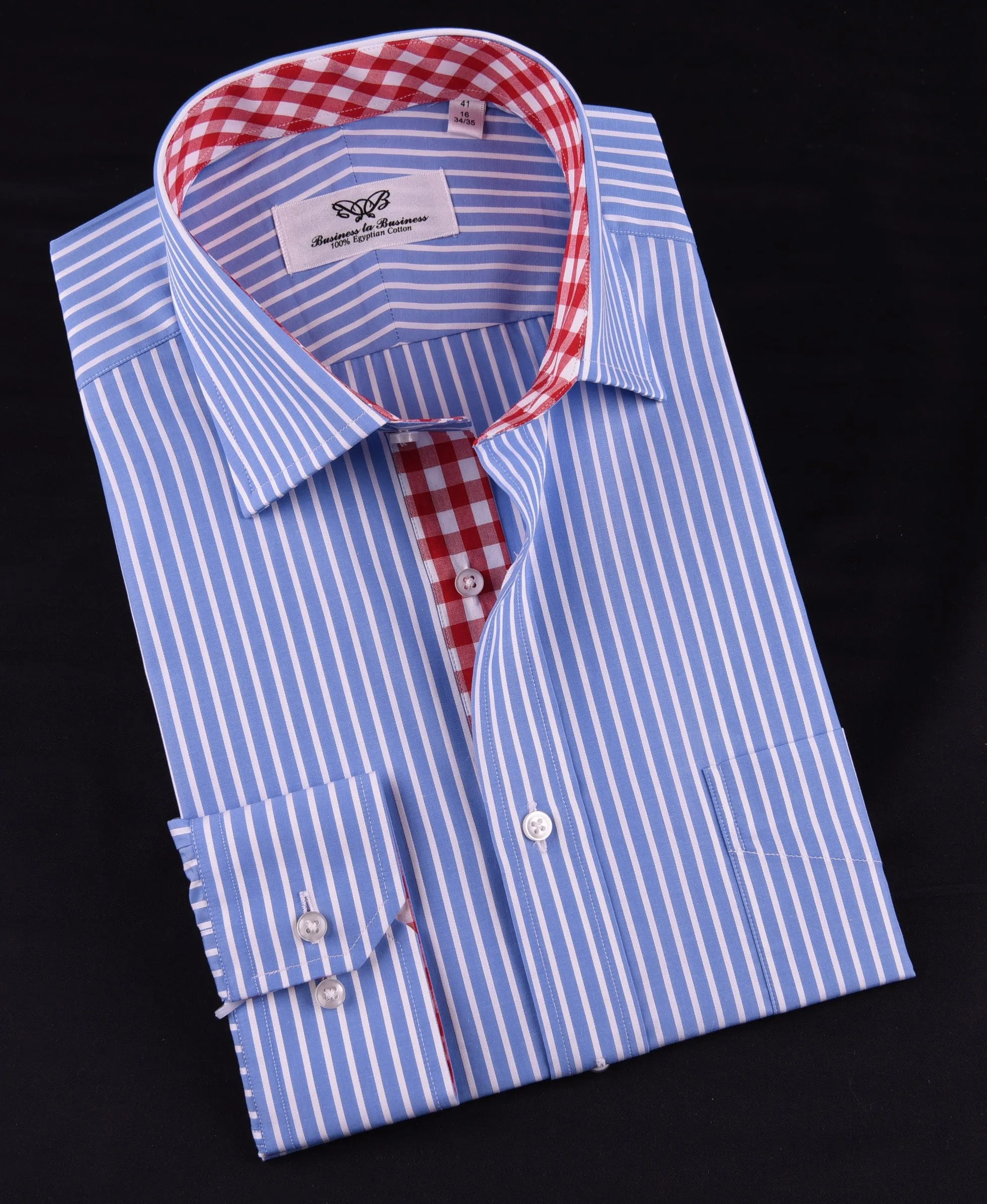 Blue Striped Formal Business Dress Shirt with Contrast Red Gingham Check Plaid Designer Inner-Lining in Single Button Cuffs