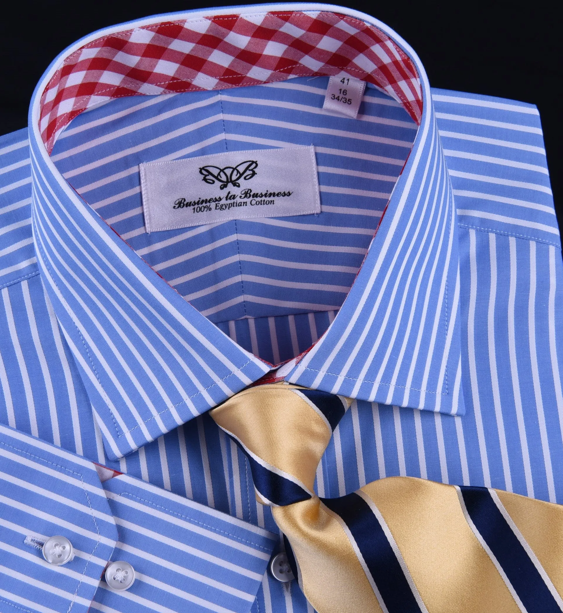 Blue Striped Formal Business Dress Shirt with Contrast Red Gingham Check Plaid Designer Inner-Lining in Single Button Cuffs