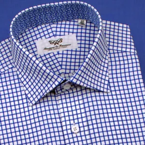 Blue Twill Plaids & Checks Formal Business Dress Shirt Manta Ray Button Cuff