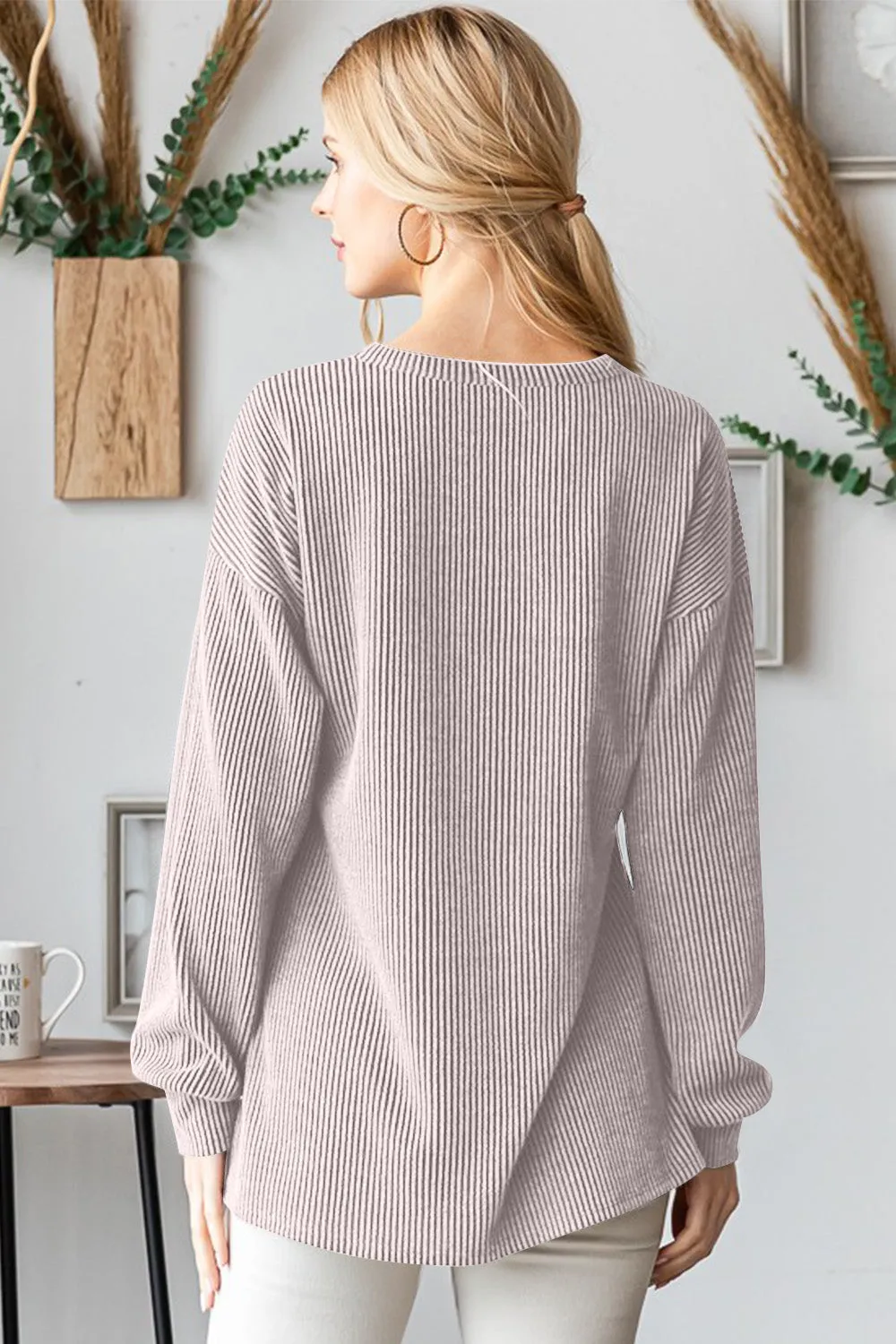 BOO Round Neck Long Sleeve Ribbed T-Shirt