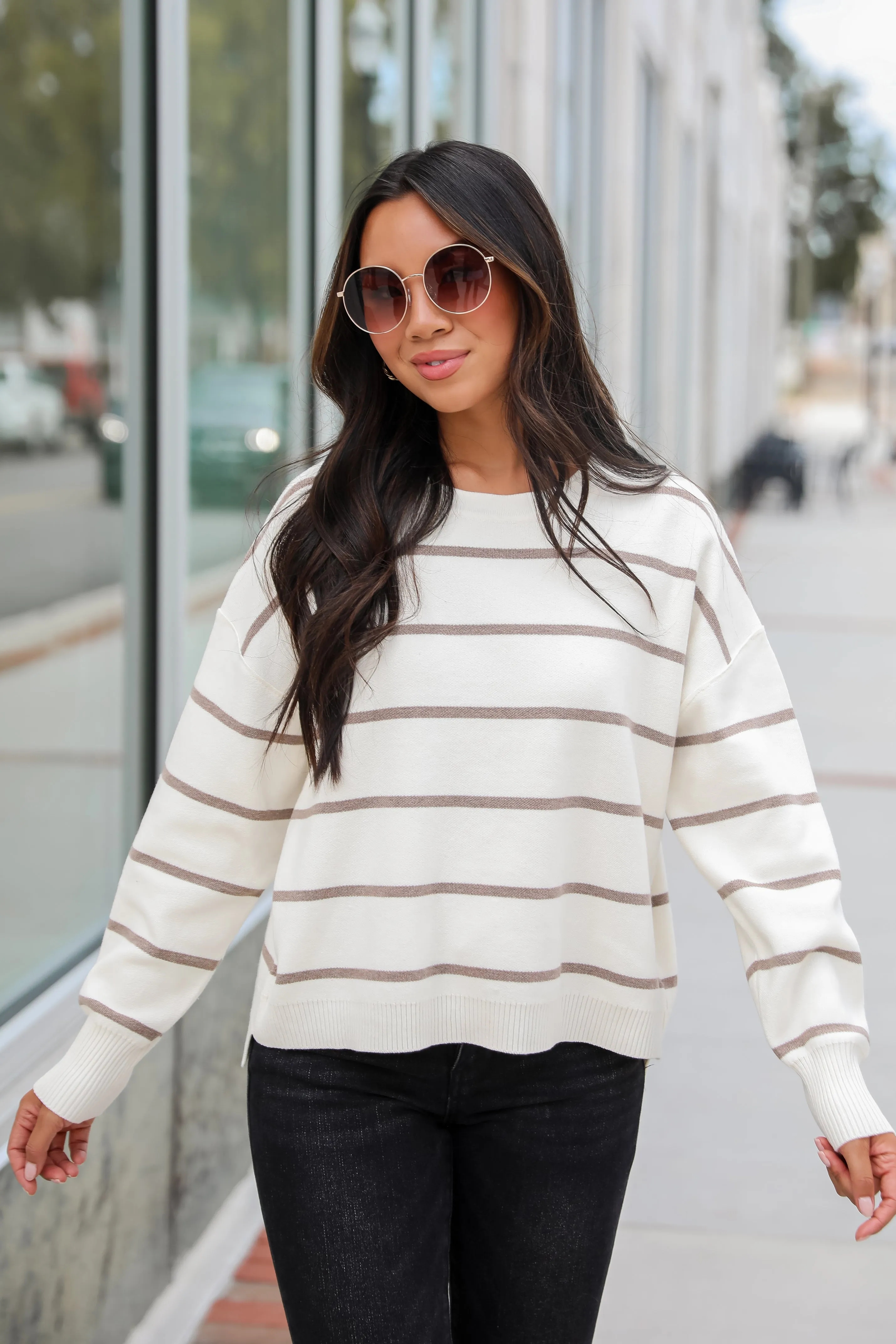 Coziest Poise Ivory Striped Sweater