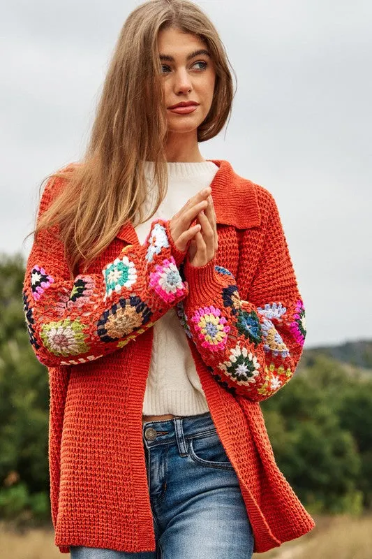 Crochet Floral Printed Long Sleeve Knit Cardigan