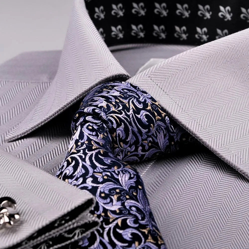 Grey Herringbone Formal Business Dress Shirt with Black and White Fleur-De-Lis Inner-Lining