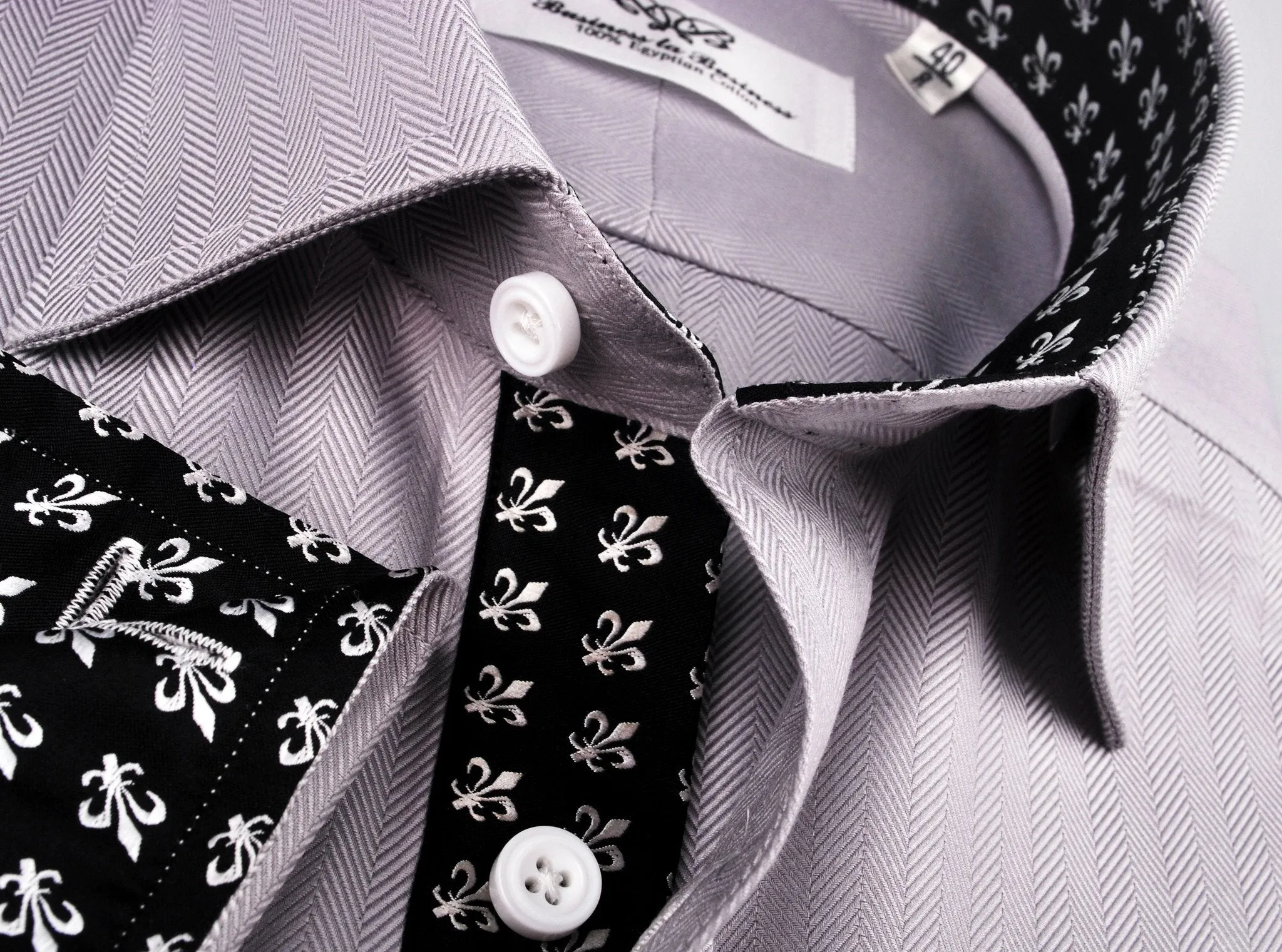 Grey Herringbone Formal Business Dress Shirt with Black and White Fleur-De-Lis Inner-Lining