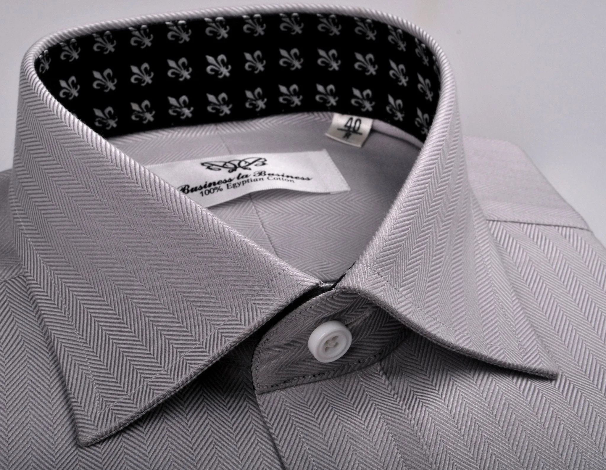 Grey Herringbone Formal Business Dress Shirt with Black and White Fleur-De-Lis Inner-Lining