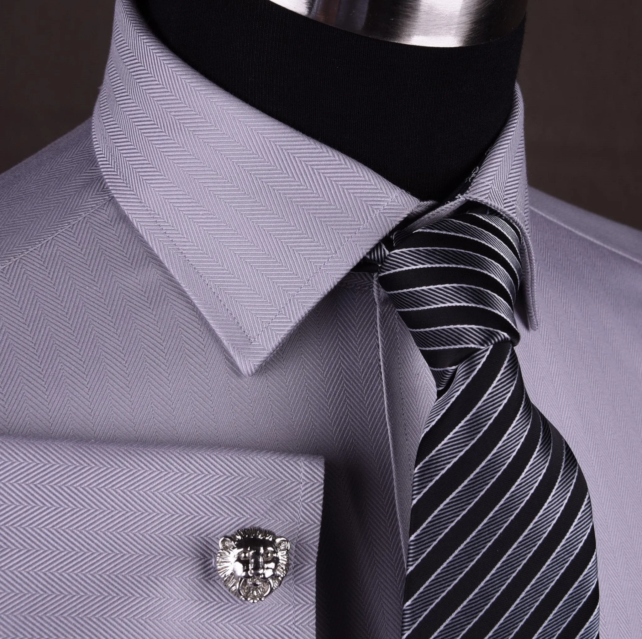 Grey Herringbone Formal Business Dress Shirt with Black and White Fleur-De-Lis Inner-Lining