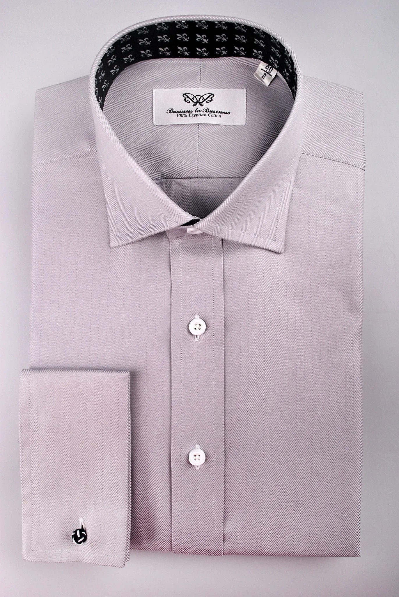 Grey Herringbone Formal Business Dress Shirt with Black and White Fleur-De-Lis Inner-Lining