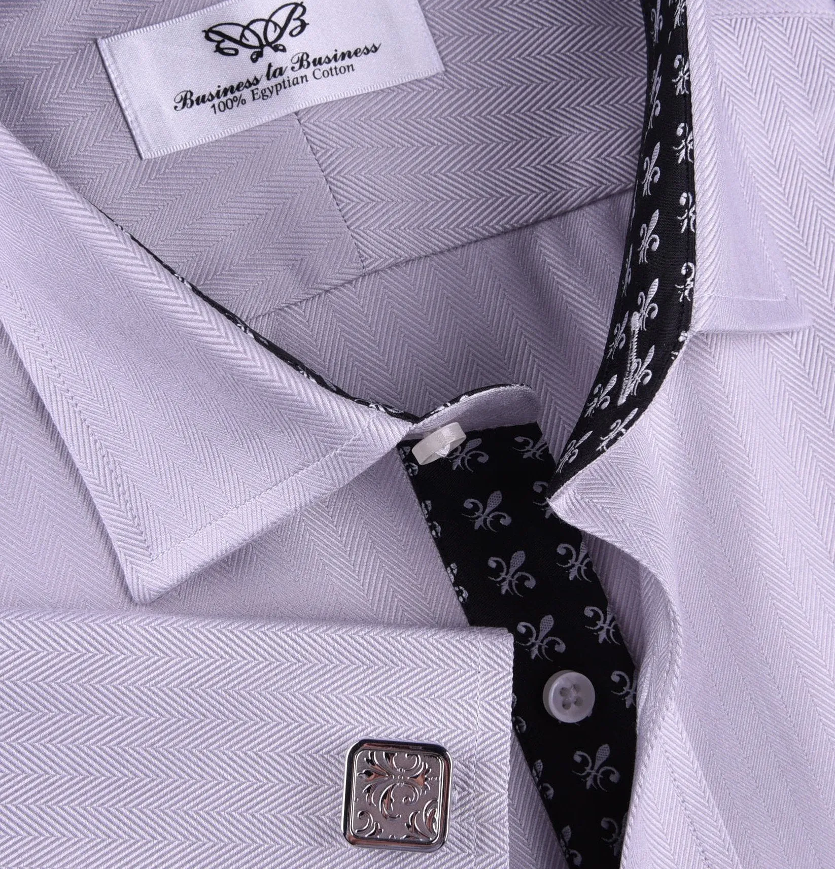 Grey Herringbone Formal Business Dress Shirt with Black and White Fleur-De-Lis Inner-Lining