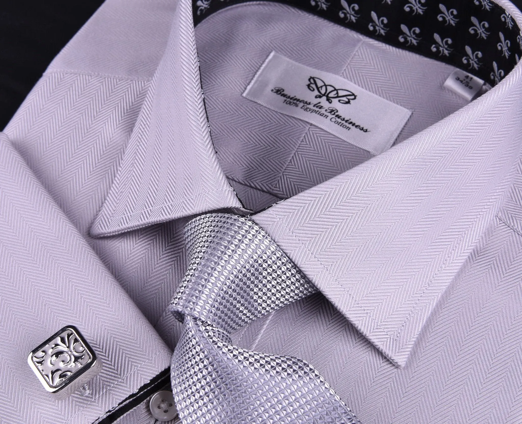 Grey Herringbone Formal Business Dress Shirt with Black and White Fleur-De-Lis Inner-Lining