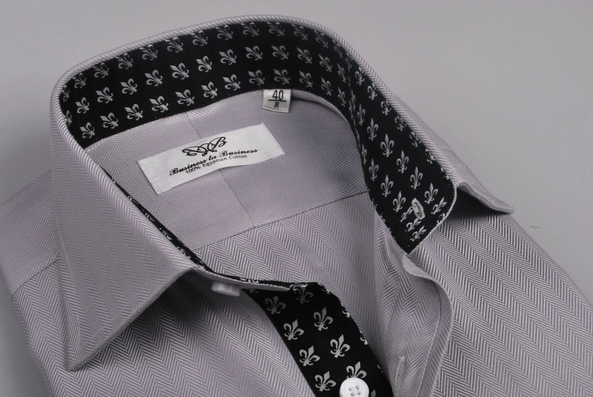 Grey Herringbone Formal Business Dress Shirt with Black and White Fleur-De-Lis Inner-Lining