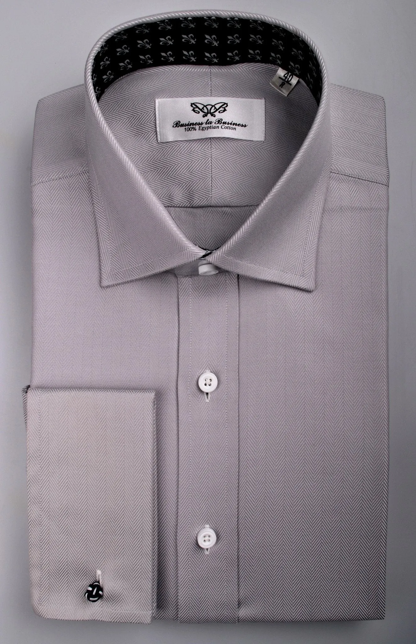 Grey Herringbone Formal Business Dress Shirt with Black and White Fleur-De-Lis Inner-Lining