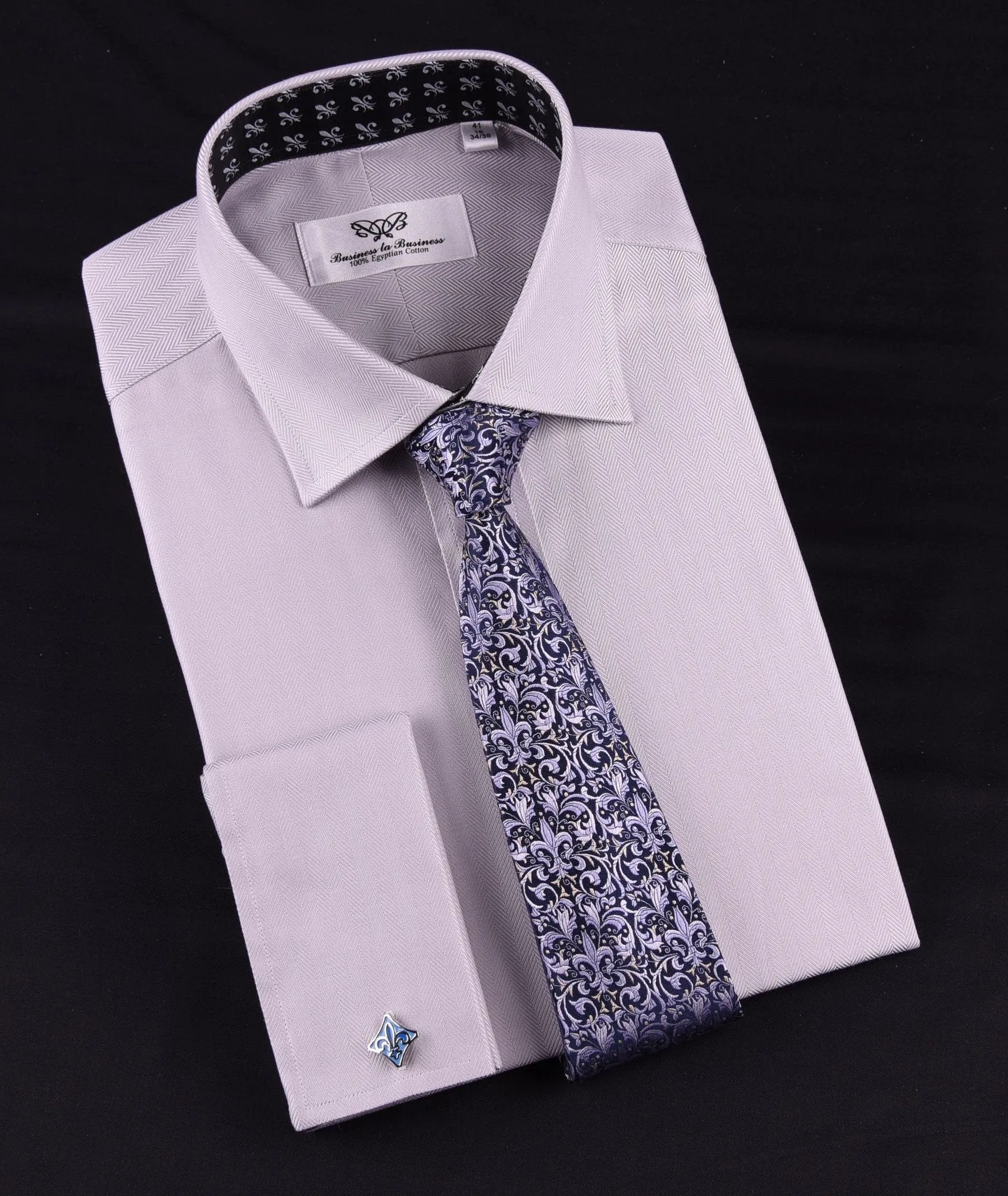 Grey Herringbone Formal Business Dress Shirt with Black and White Fleur-De-Lis Inner-Lining