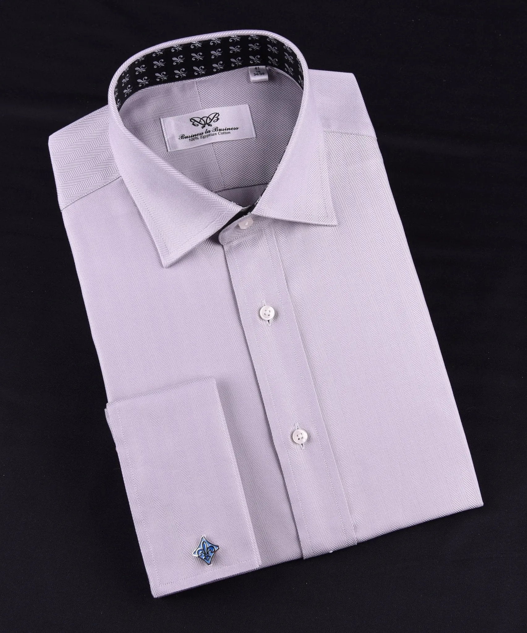 Grey Herringbone Formal Business Dress Shirt with Black and White Fleur-De-Lis Inner-Lining