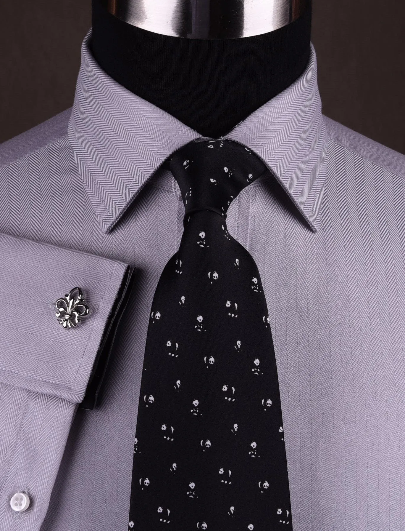 Grey Herringbone Formal Business Dress Shirt with Black and White Fleur-De-Lis Inner-Lining