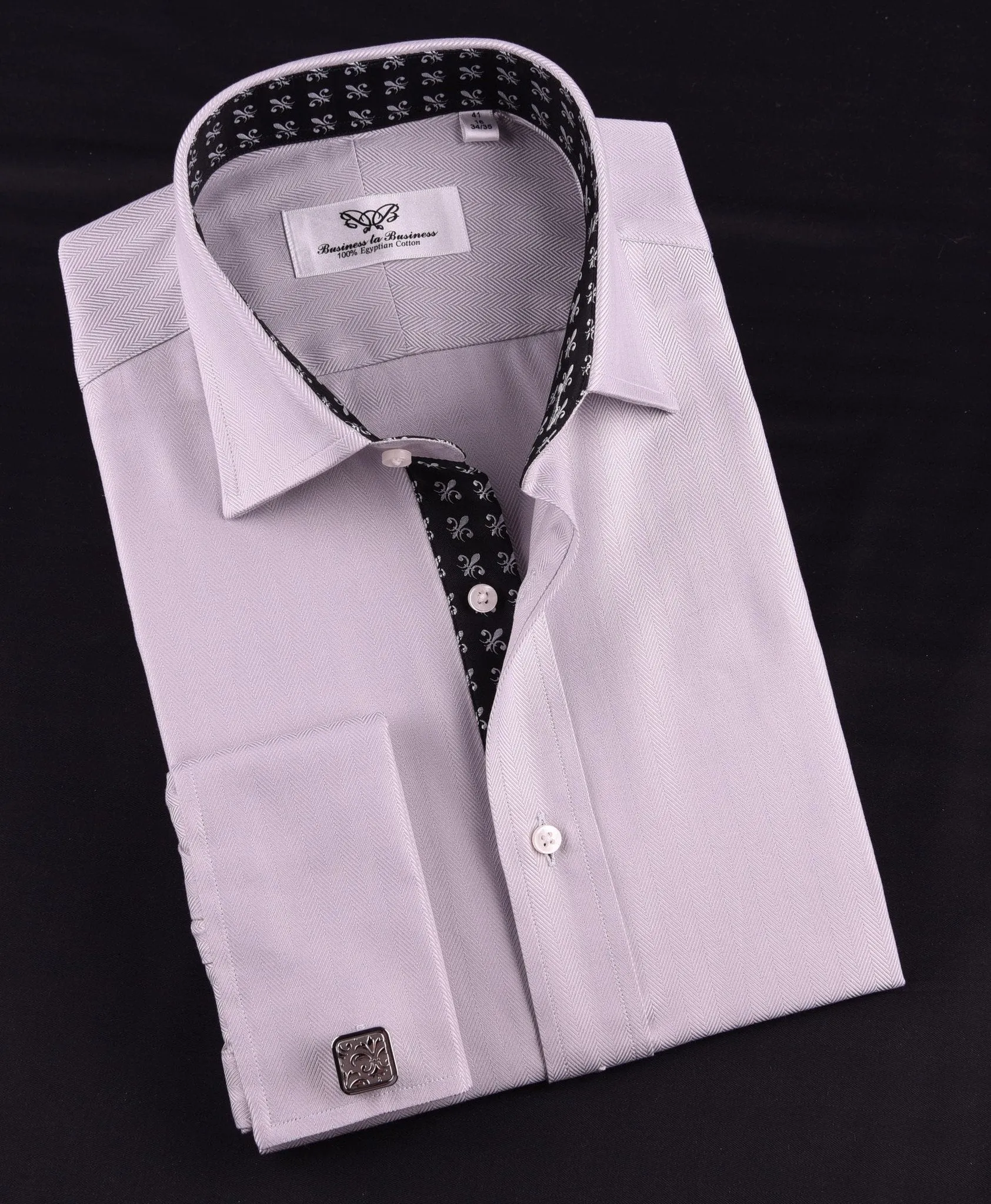 Grey Herringbone Formal Business Dress Shirt with Black and White Fleur-De-Lis Inner-Lining