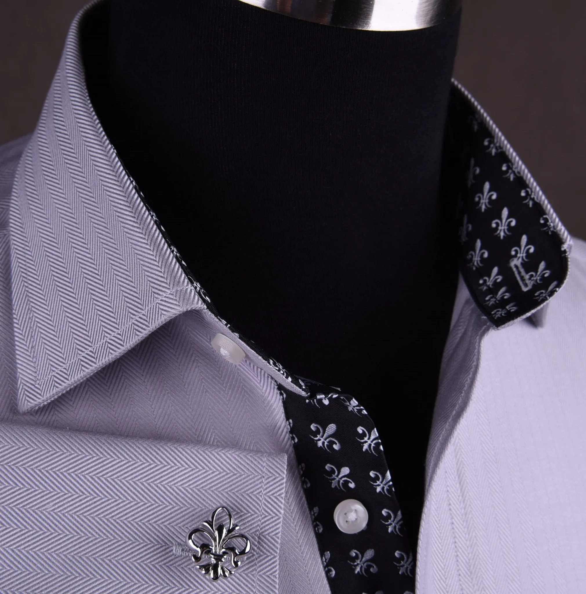 Grey Herringbone Formal Business Dress Shirt with Black and White Fleur-De-Lis Inner-Lining