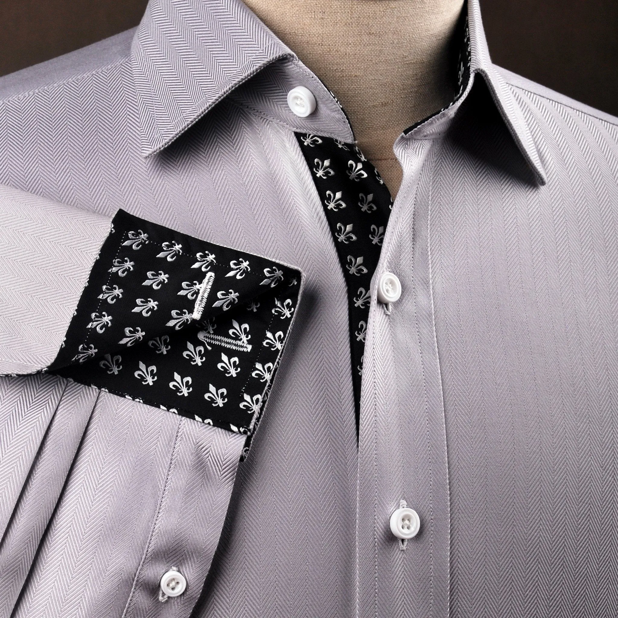 Grey Herringbone Formal Business Dress Shirt with Black and White Fleur-De-Lis Inner-Lining