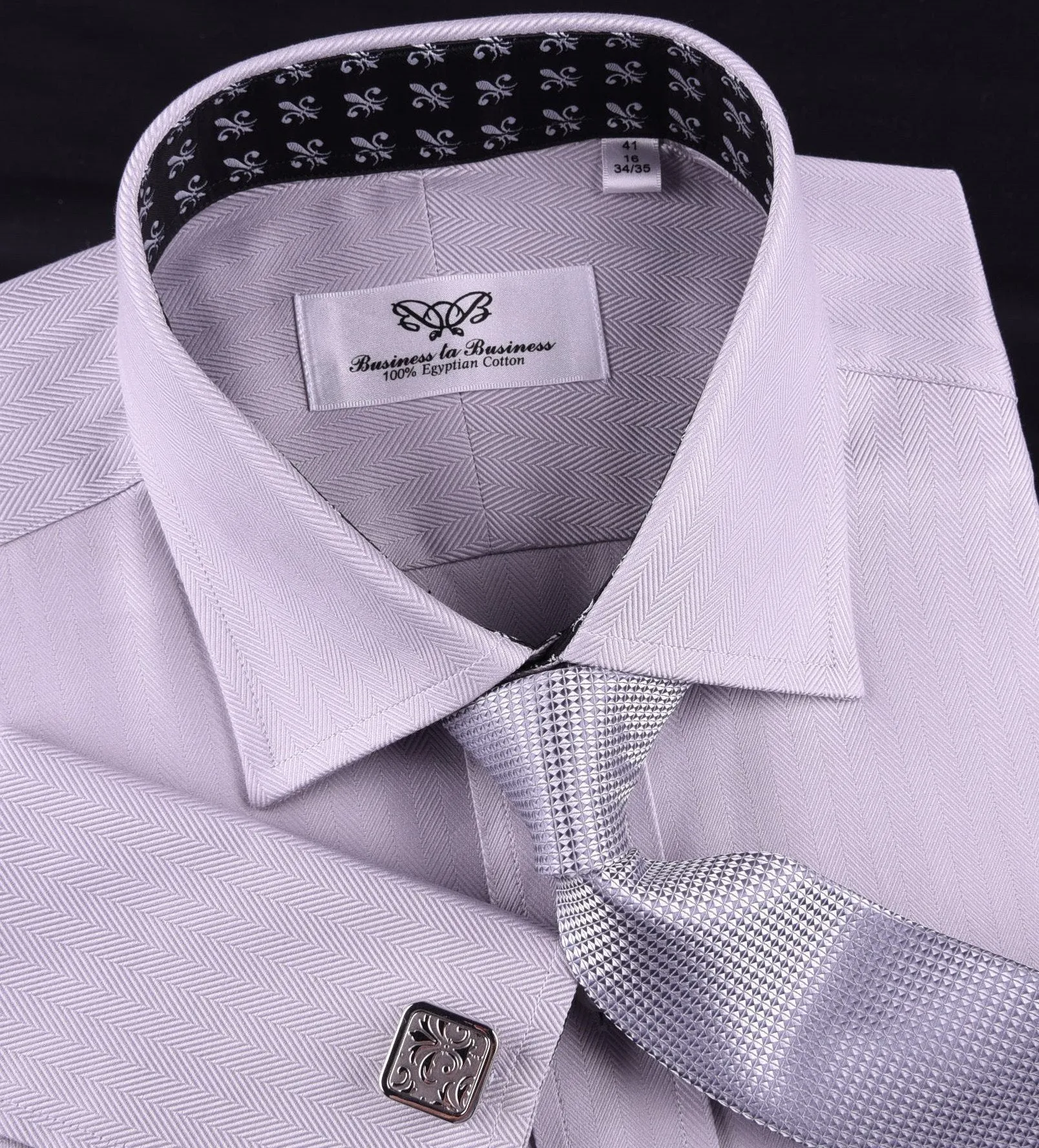 Grey Herringbone Formal Business Dress Shirt with Black and White Fleur-De-Lis Inner-Lining