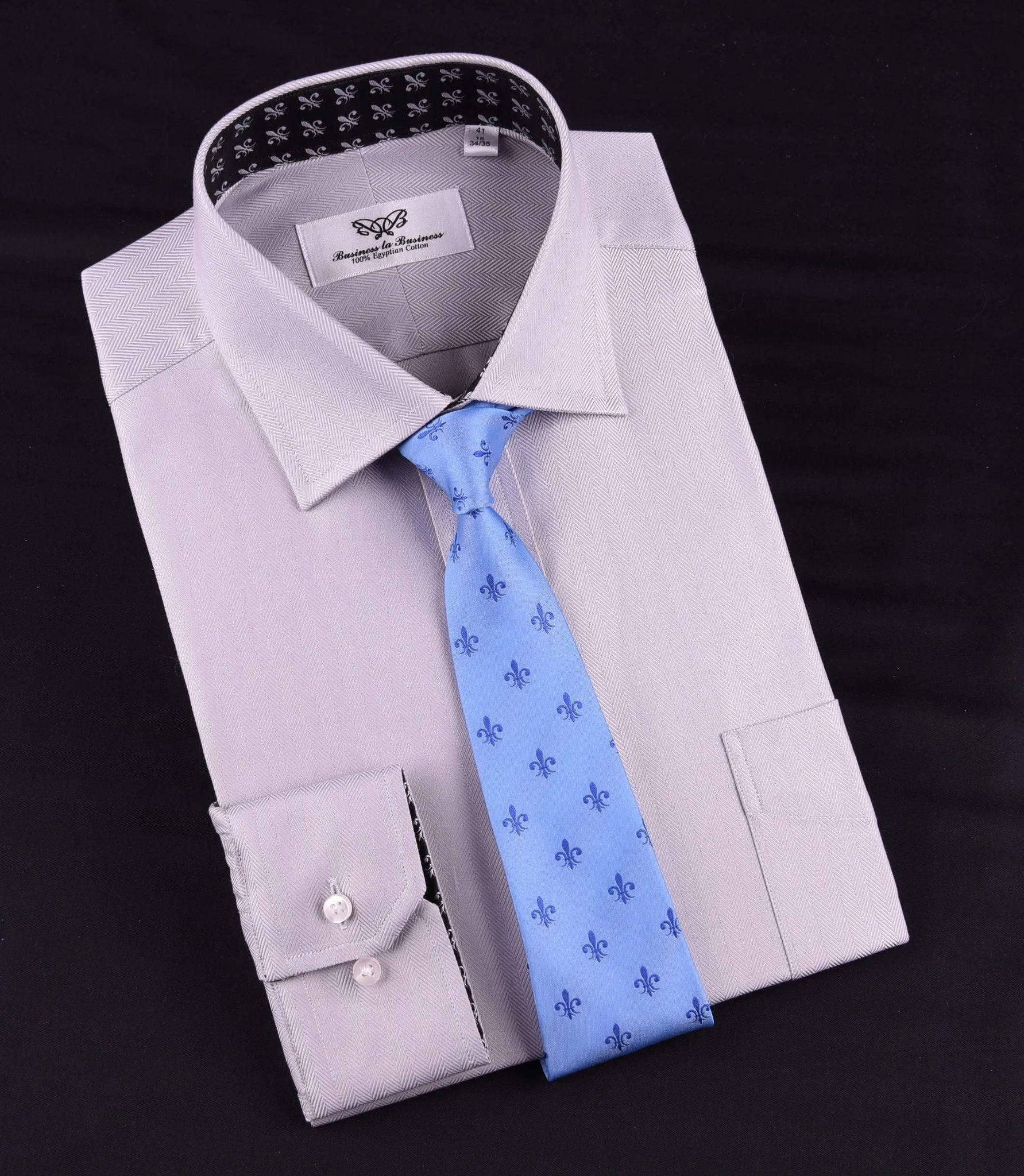 Grey Herringbone Formal Business Dress Shirt with Black and White Fleur-De-Lis Inner-Lining