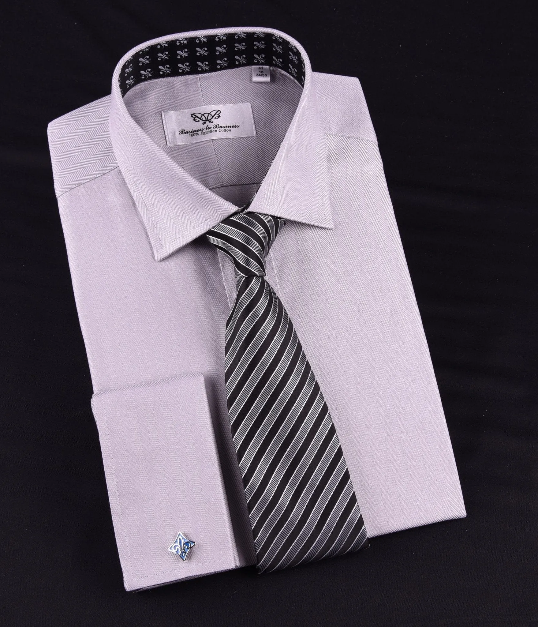 Grey Herringbone Formal Business Dress Shirt with Black and White Fleur-De-Lis Inner-Lining