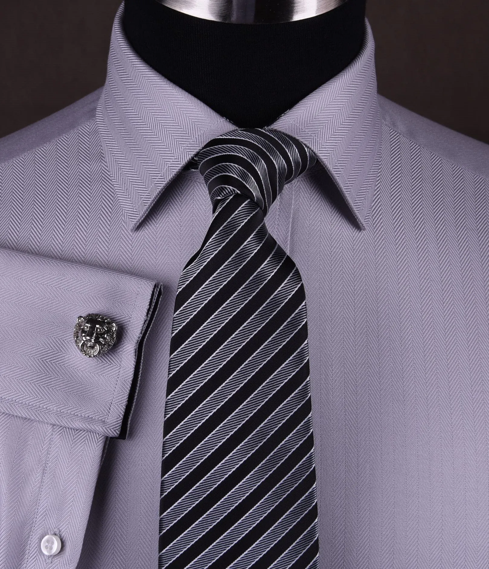 Grey Herringbone Formal Business Dress Shirt with Black and White Fleur-De-Lis Inner-Lining