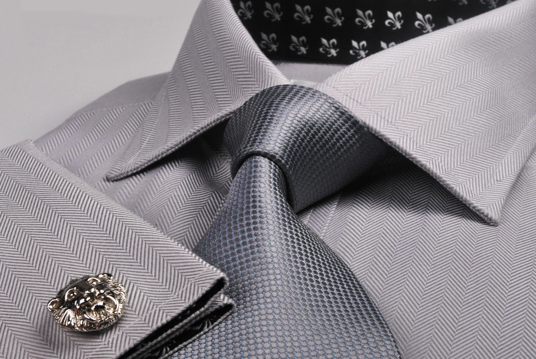 Grey Herringbone Formal Business Dress Shirt with Black and White Fleur-De-Lis Inner-Lining