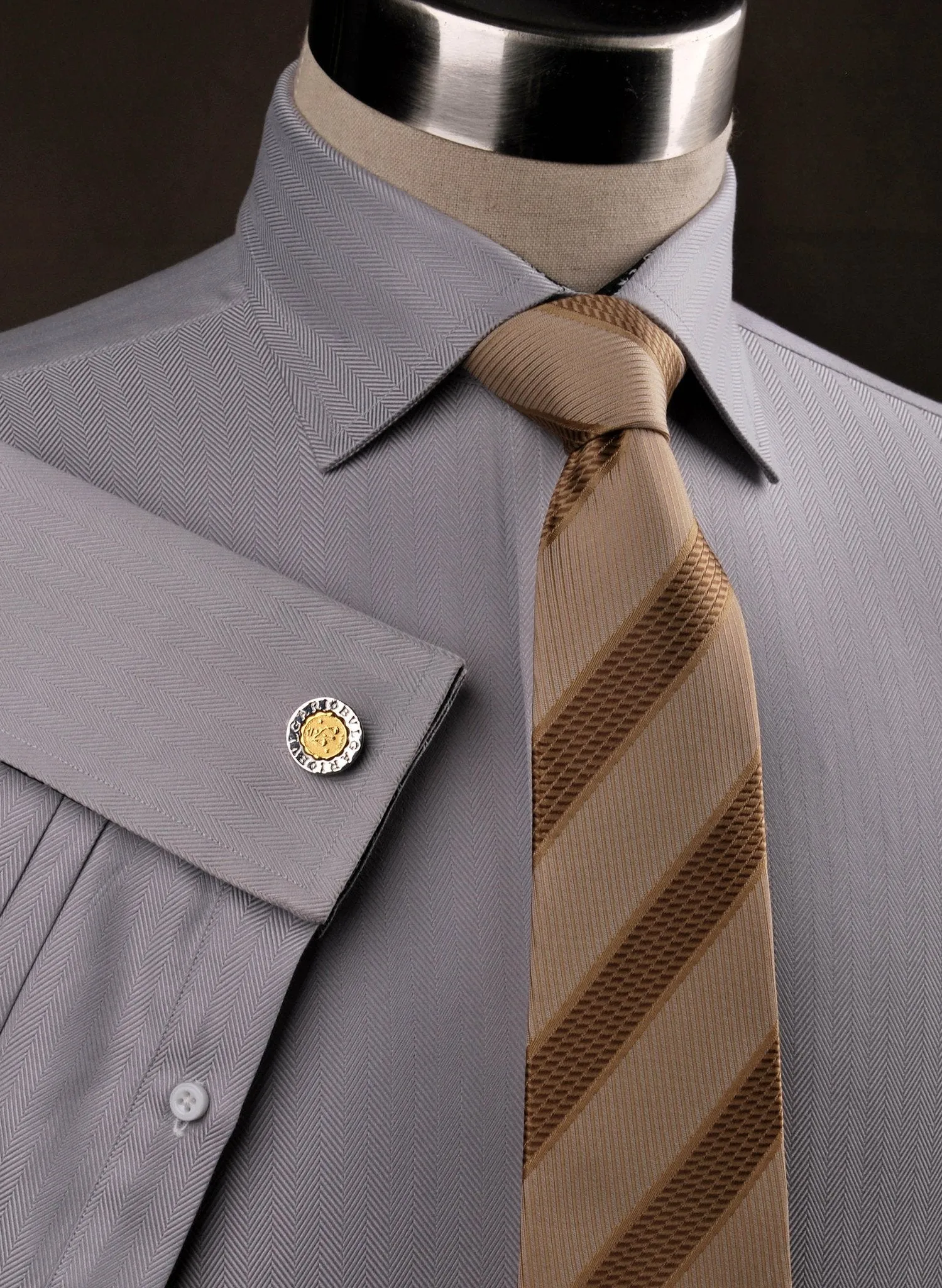 Grey Herringbone Formal Business Dress Shirt with Black and White Fleur-De-Lis Inner-Lining