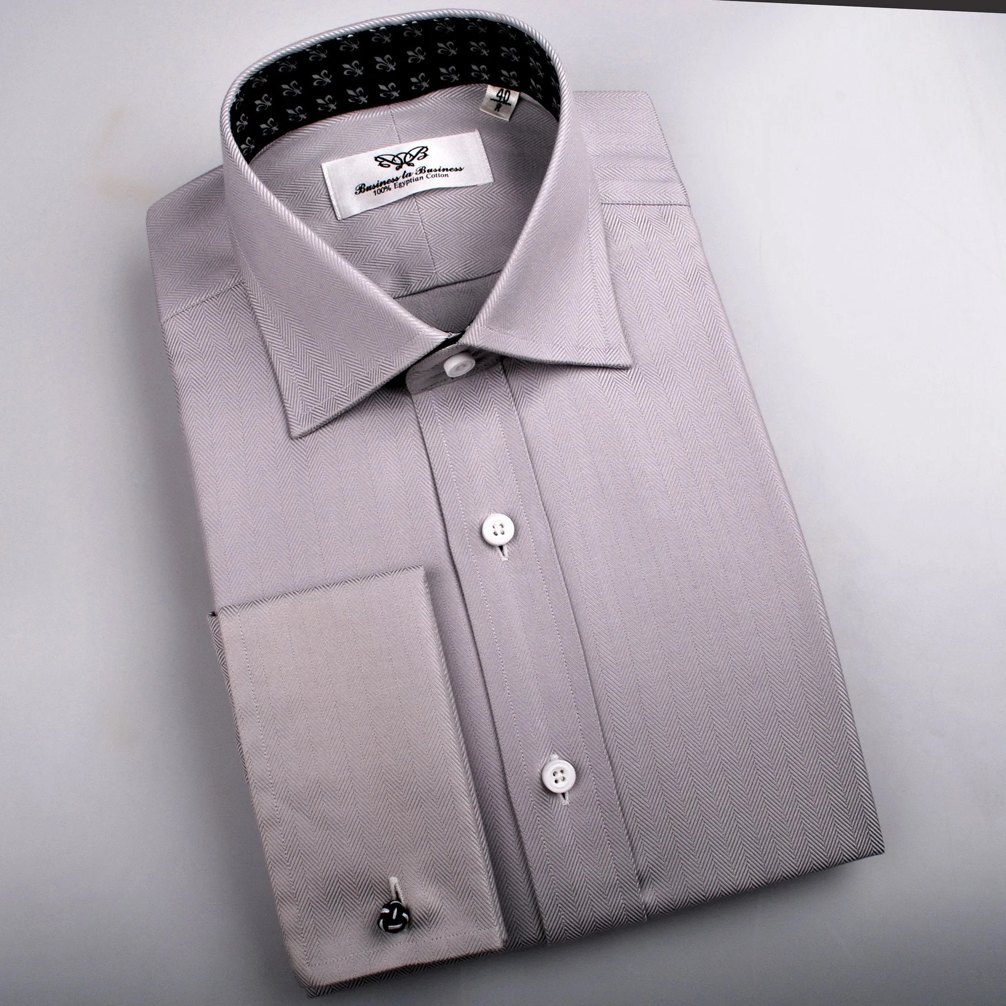 Grey Herringbone Formal Business Dress Shirt with Black and White Fleur-De-Lis Inner-Lining