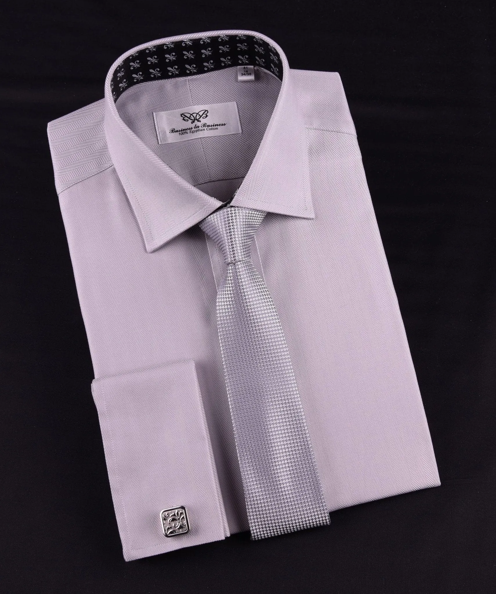 Grey Herringbone Formal Business Dress Shirt with Black and White Fleur-De-Lis Inner-Lining