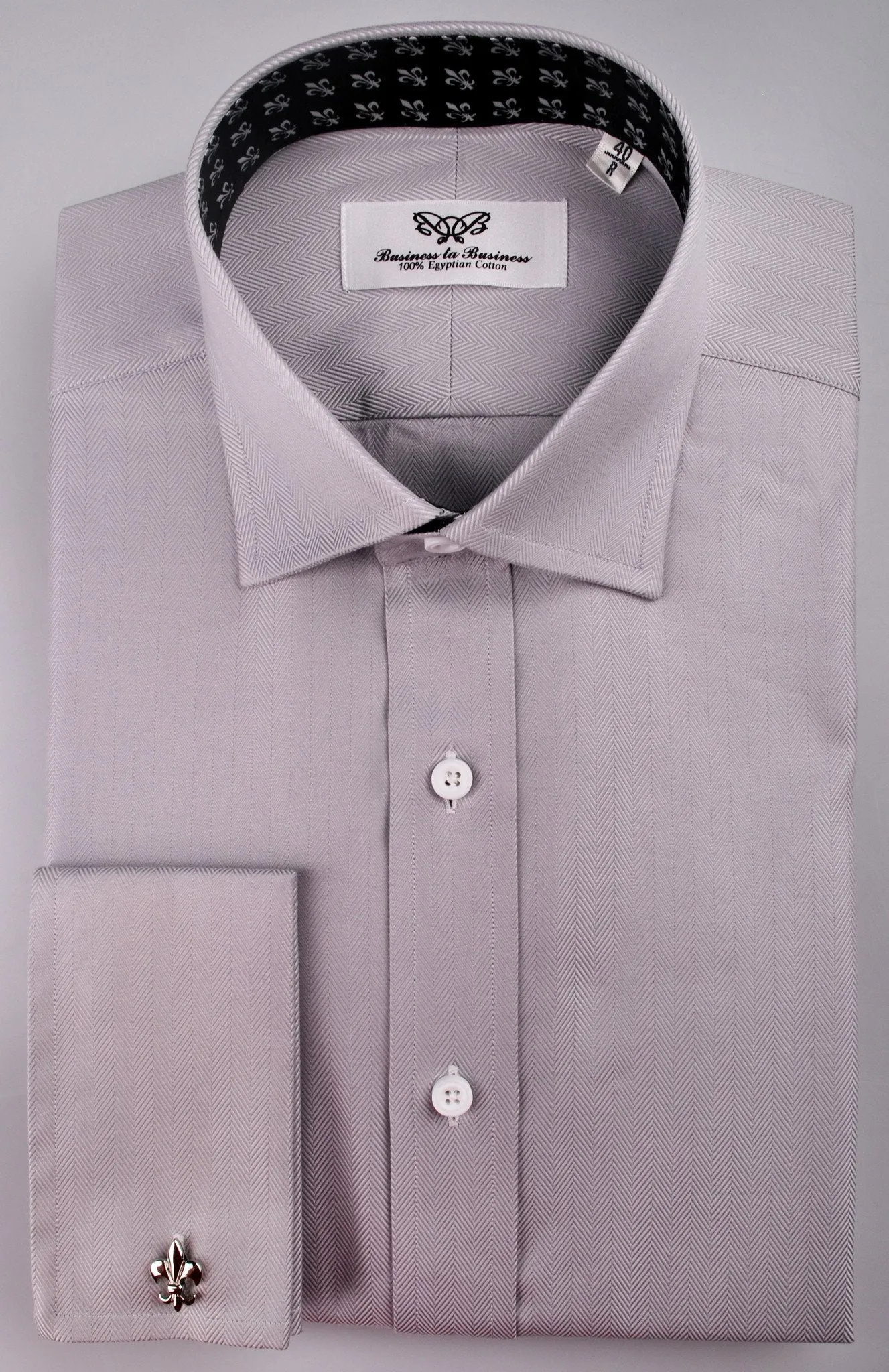 Grey Herringbone Formal Business Dress Shirt with Black and White Fleur-De-Lis Inner-Lining