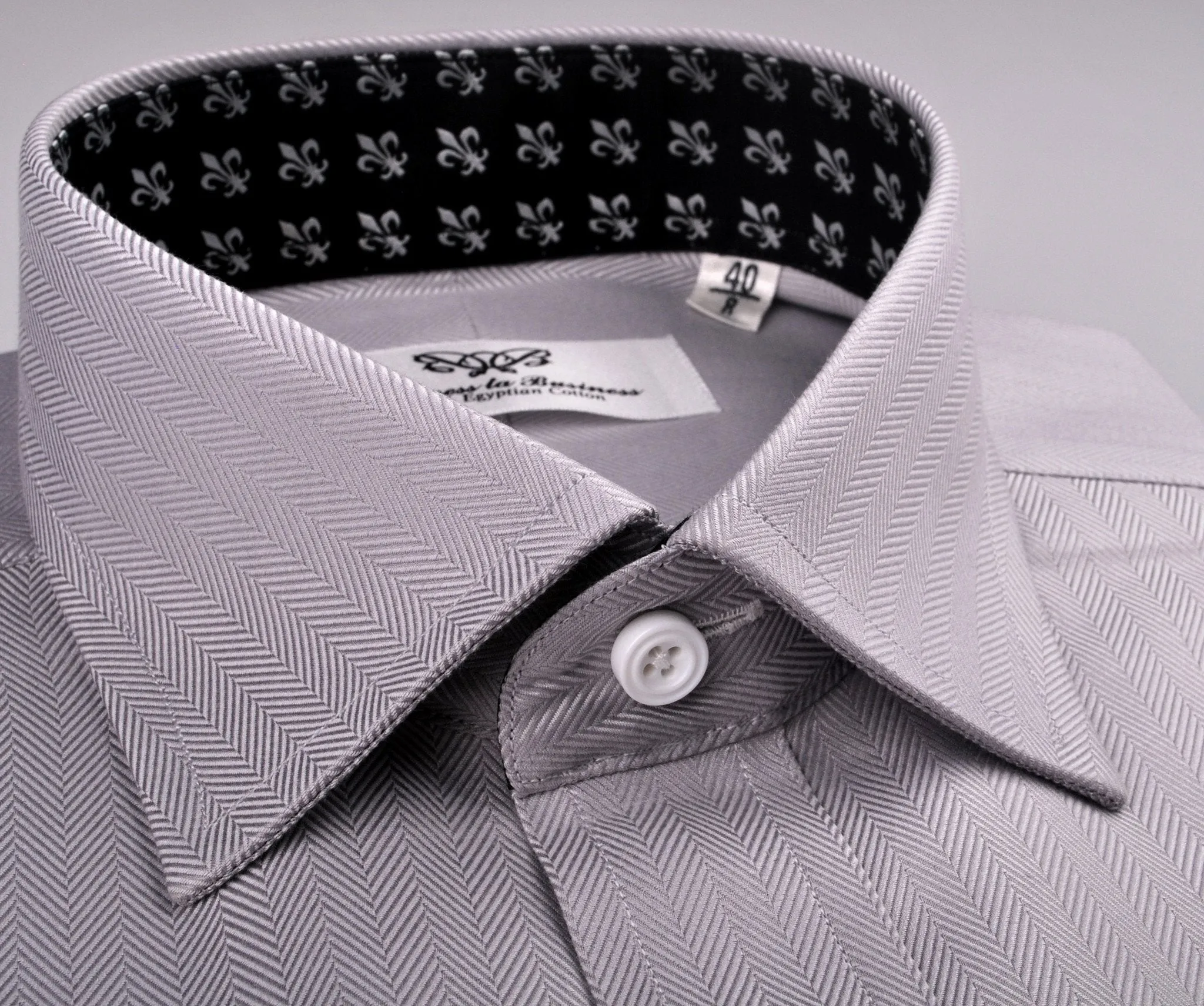 Grey Herringbone Formal Business Dress Shirt with Black and White Fleur-De-Lis Inner-Lining