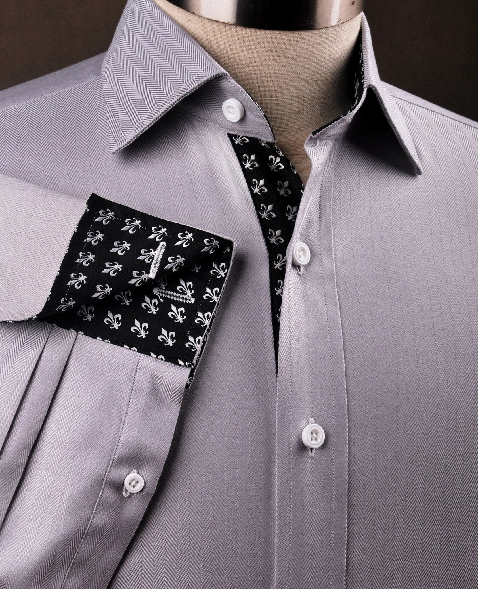 Grey Herringbone Formal Business Dress Shirt with Black and White Fleur-De-Lis Inner-Lining