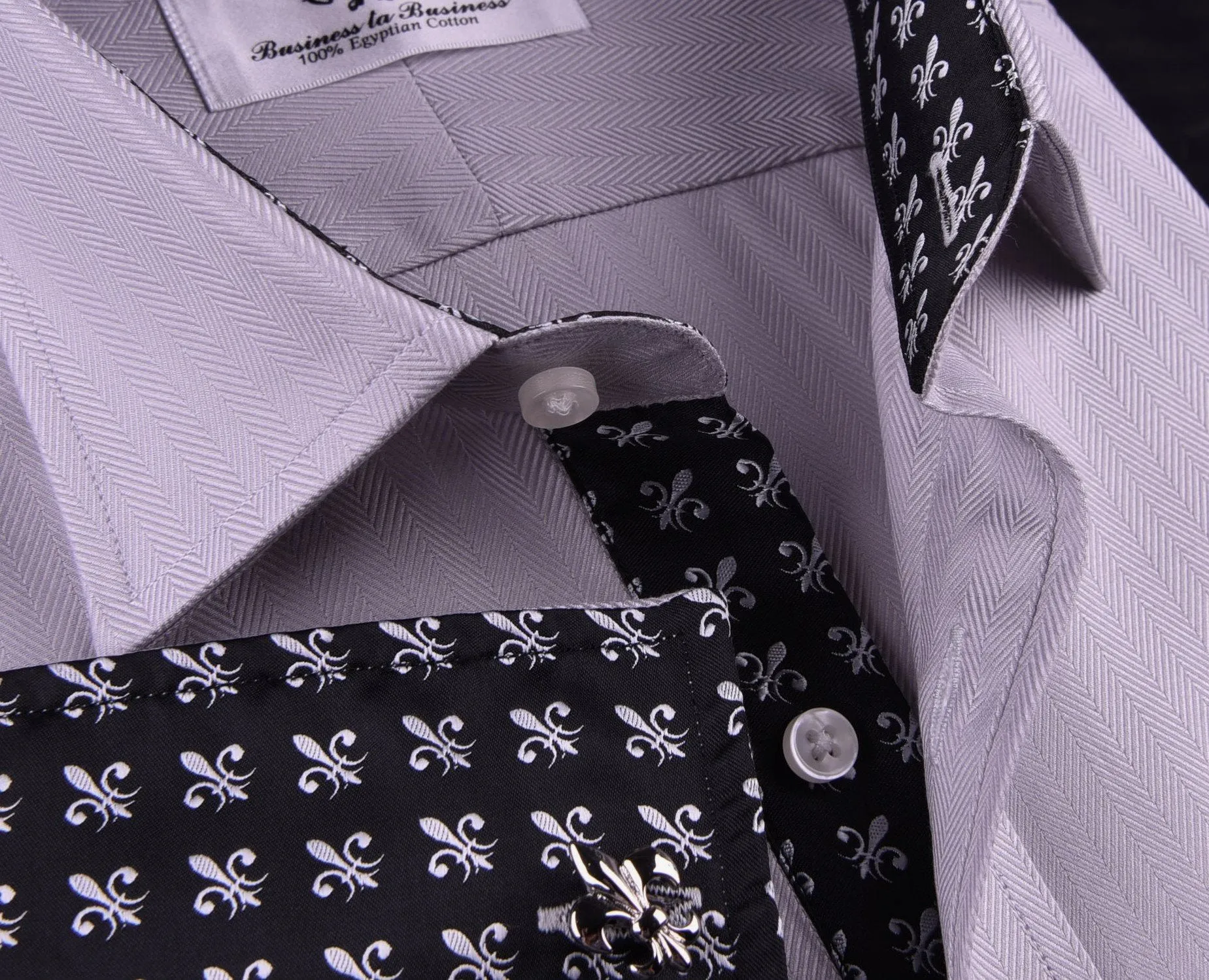 Grey Herringbone Formal Business Dress Shirt with Black and White Fleur-De-Lis Inner-Lining