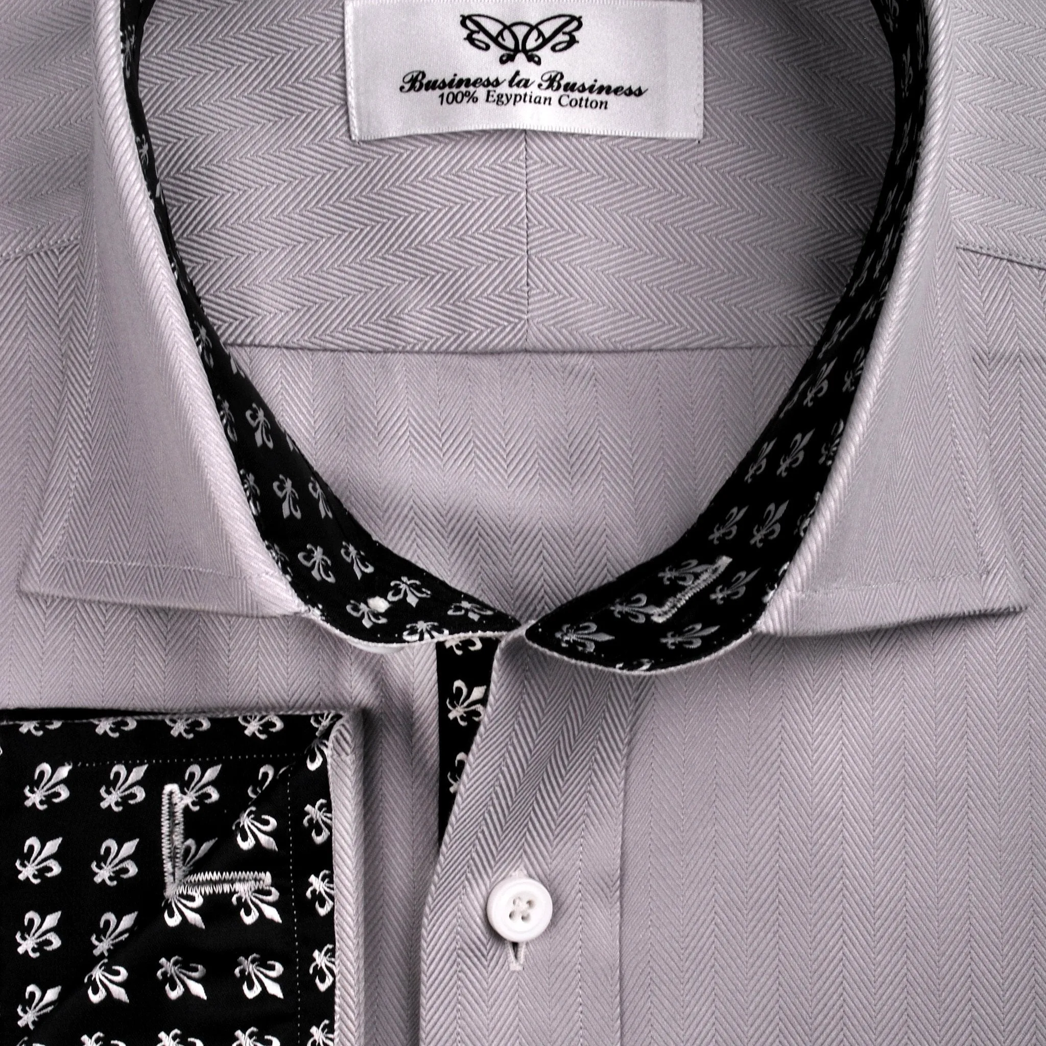 Grey Herringbone Formal Business Dress Shirt with Black and White Fleur-De-Lis Inner-Lining