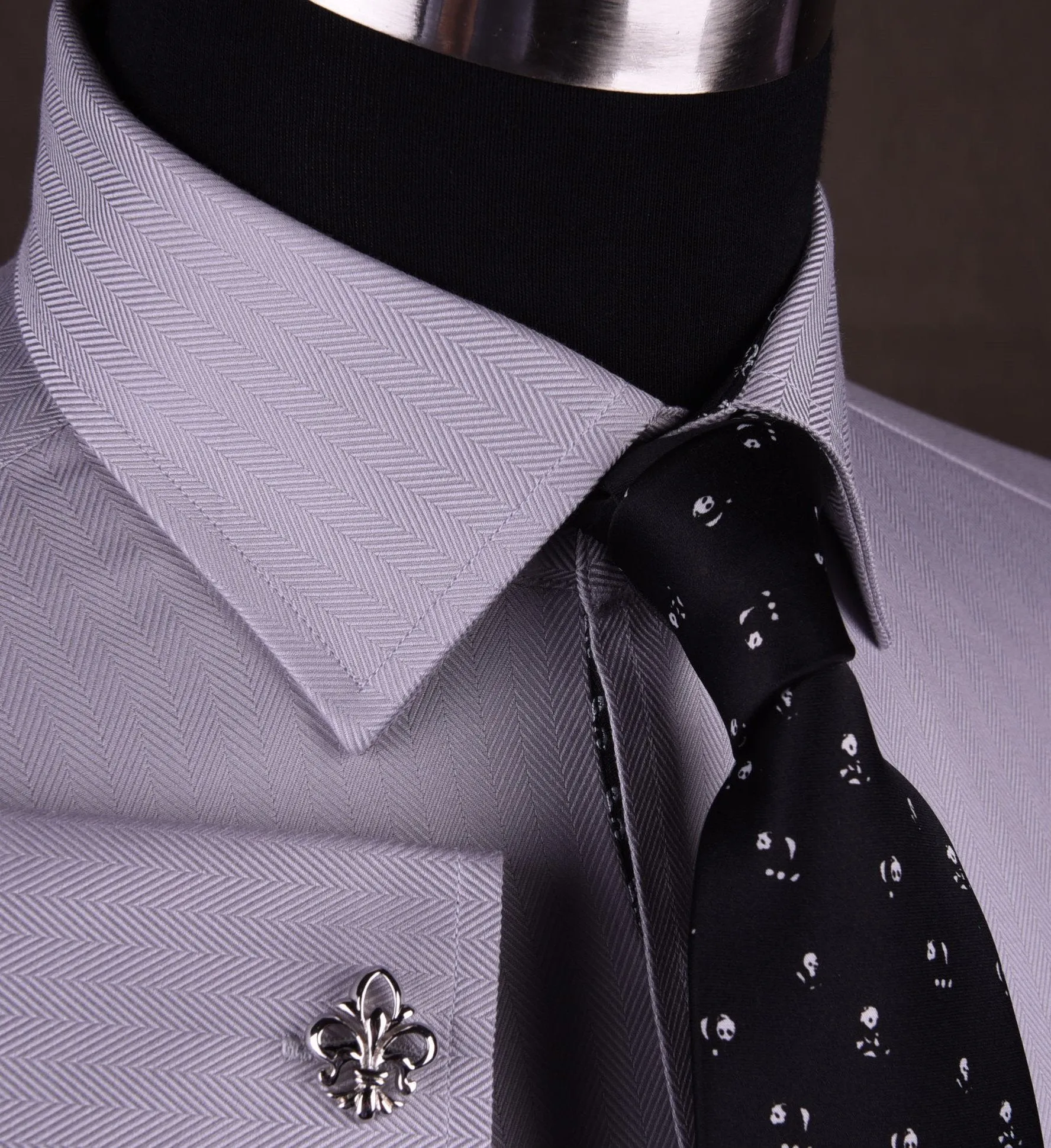 Grey Herringbone Formal Business Dress Shirt with Black and White Fleur-De-Lis Inner-Lining