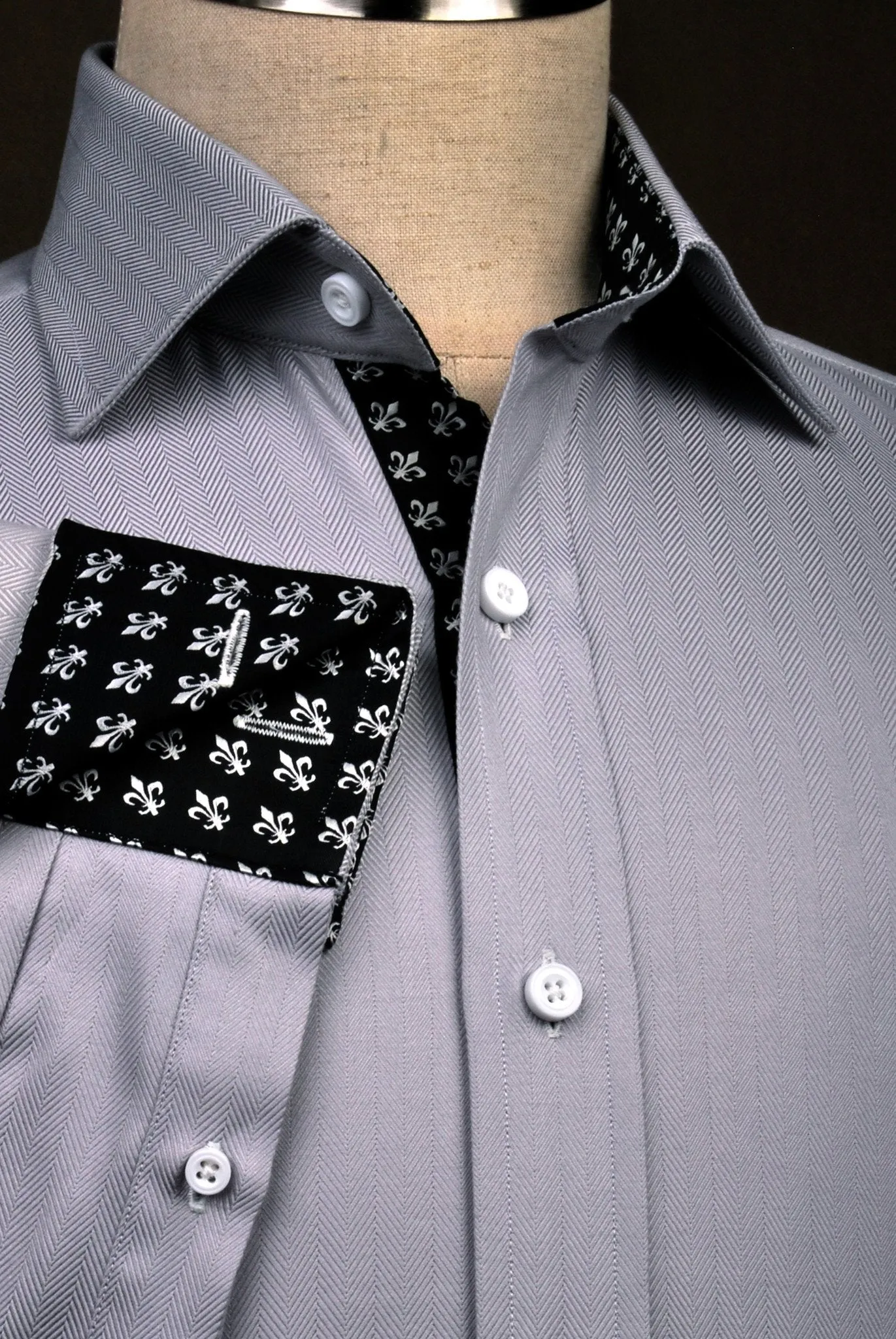 Grey Herringbone Formal Business Dress Shirt with Black and White Fleur-De-Lis Inner-Lining