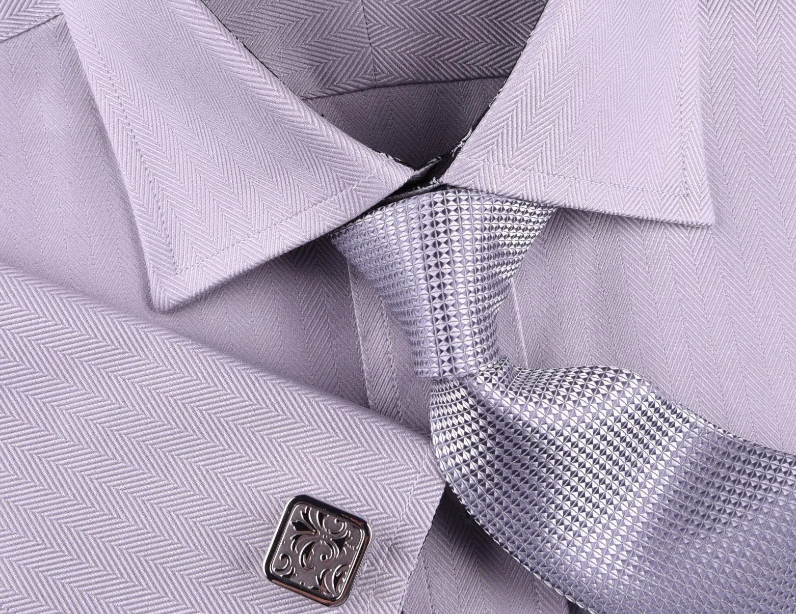 Grey Herringbone Formal Business Dress Shirt with Black and White Fleur-De-Lis Inner-Lining