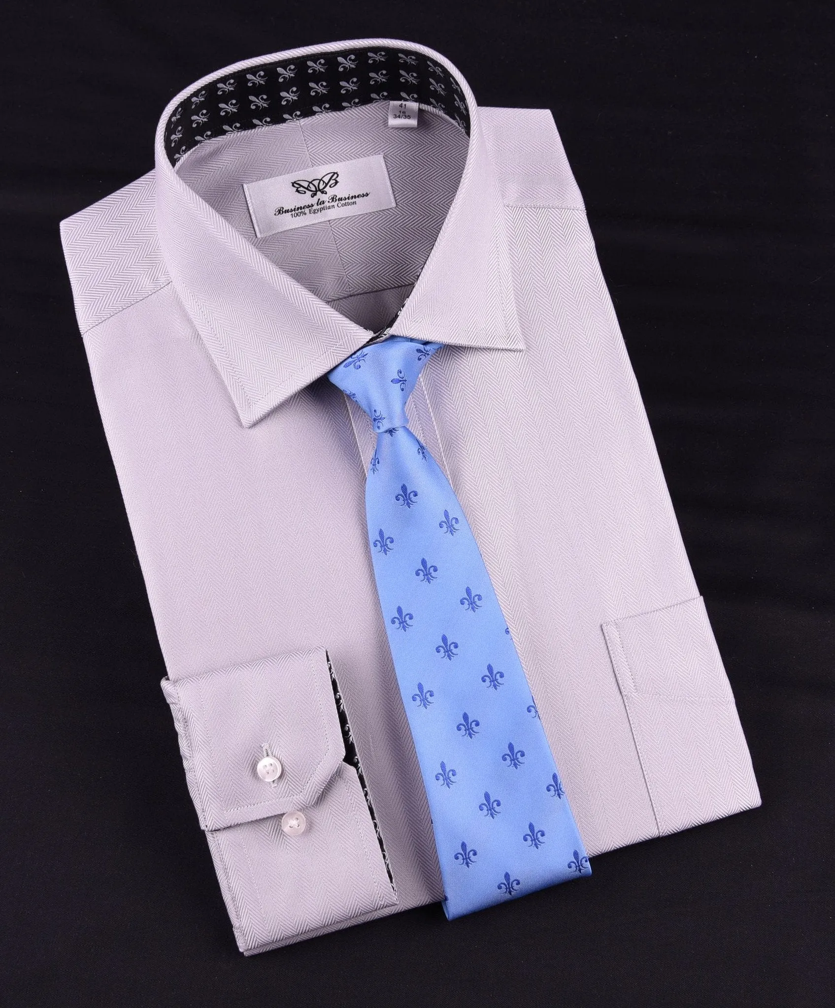 Grey Herringbone Formal Business Dress Shirt with Black and White Fleur-De-Lis Inner-Lining