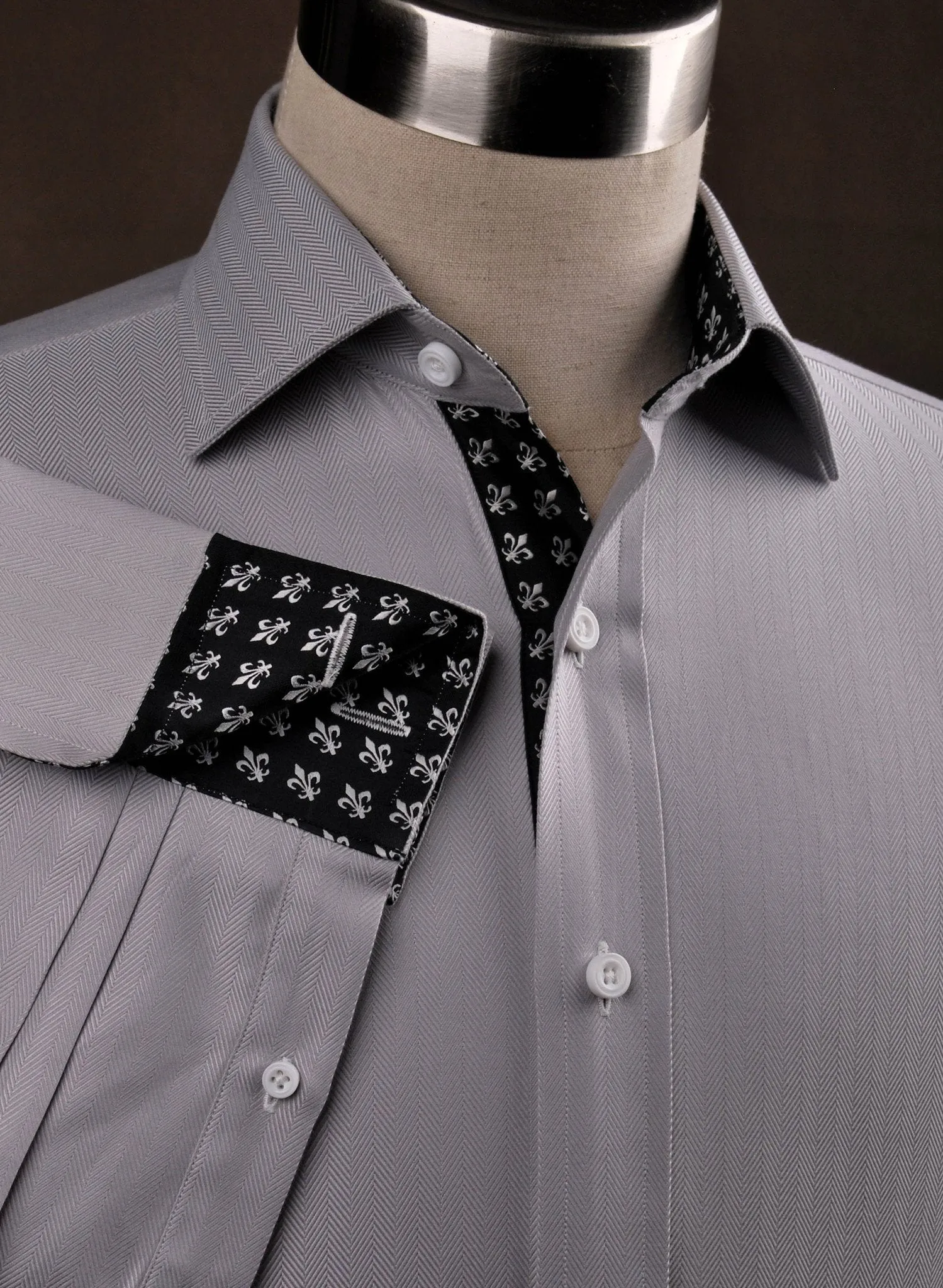 Grey Herringbone Formal Business Dress Shirt with Black and White Fleur-De-Lis Inner-Lining