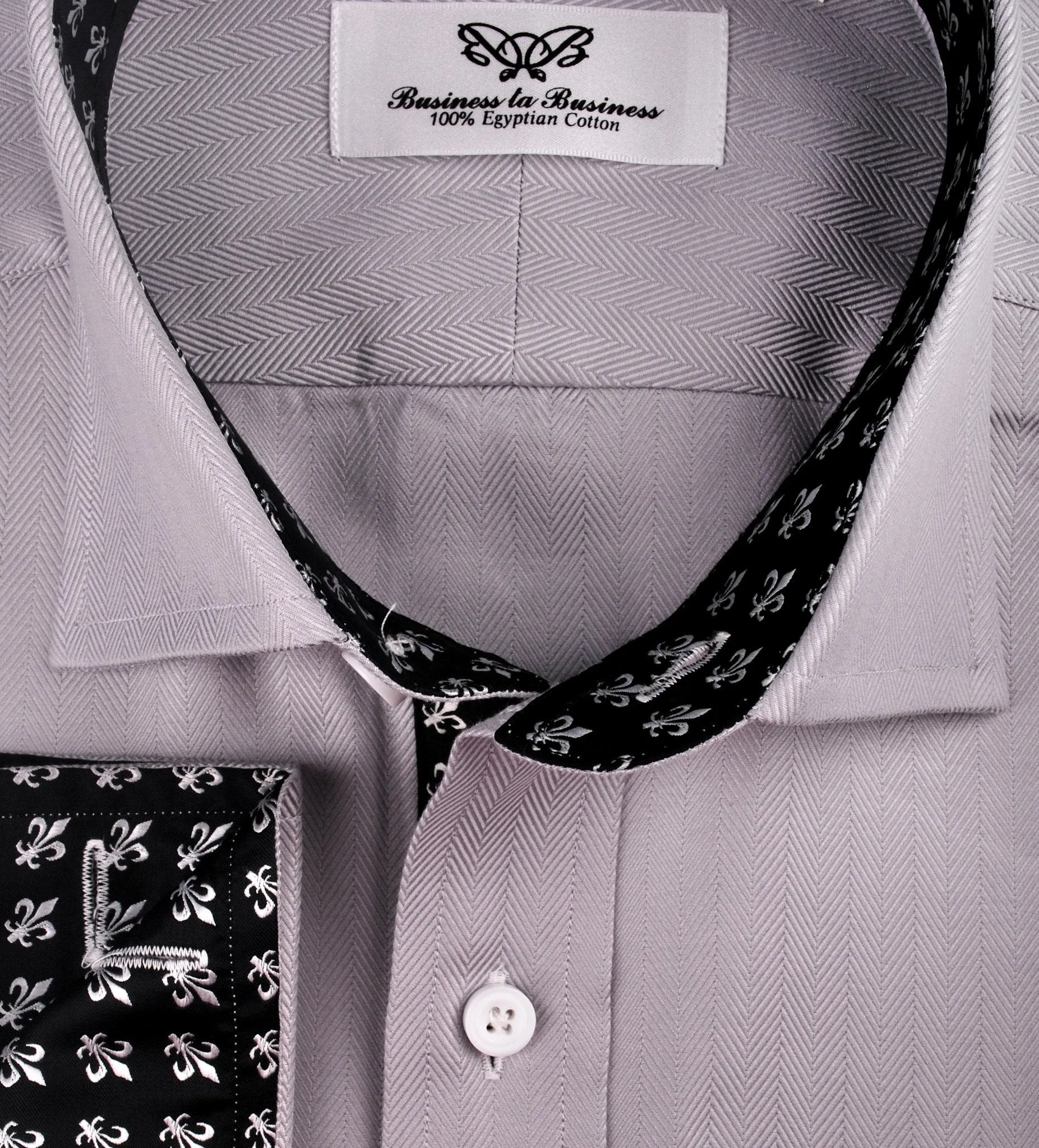 Grey Herringbone Formal Business Dress Shirt with Black and White Fleur-De-Lis Inner-Lining