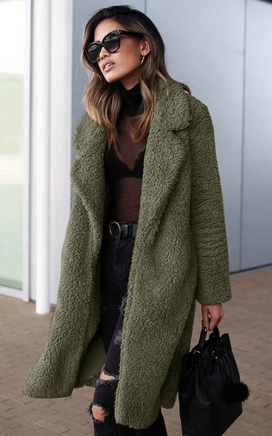 Light Weight | Single Layer Women's Fuzzy Fleece Cardigan Coat | Faux Fur Lapel Front Open Warm Winter Outwear Jackets.