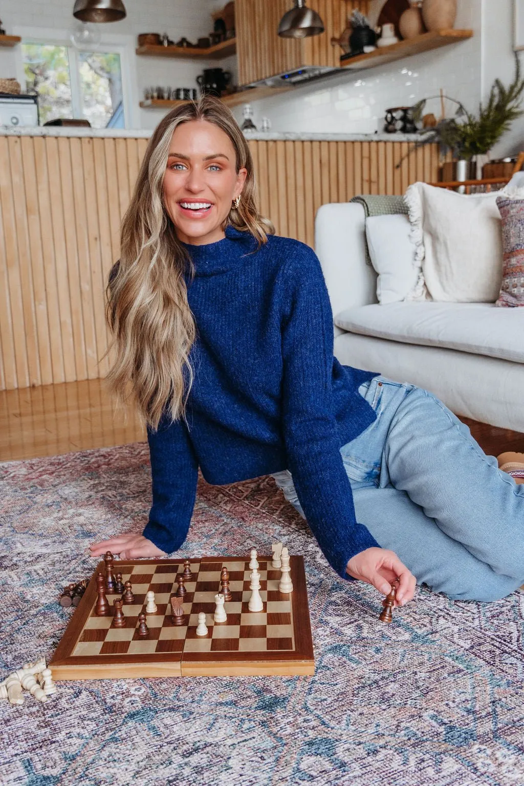 Navy Blue Mock Neck Ribbed Sweater